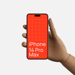 Wooden hand holding iPhone 14 Pro Max Mockup